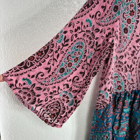 Anthropologie Floreat Valo Velvet Burnout Boho Silk Blend Teal Pink Top S - Picture 5 of 12
